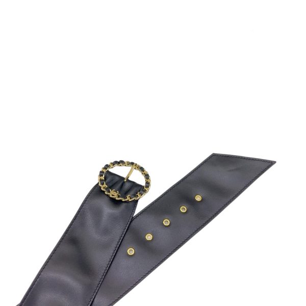 Chanel Women’s Round Buckle Belt In Black Lambkin With Gold Hardware 50mm