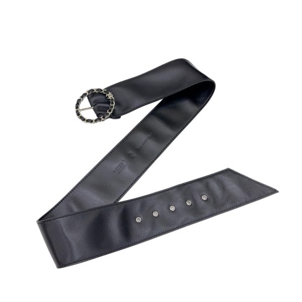 Chanel Women’s Round Buckle Belt In Black Lambkin With Gold Hardware 50mm
