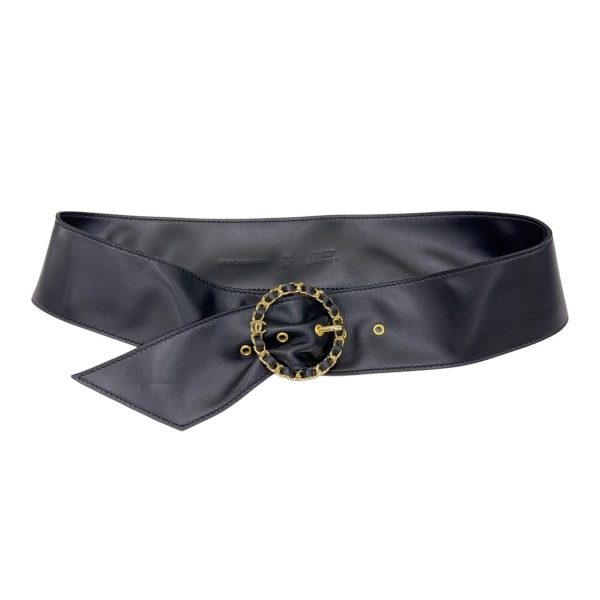 Chanel Women’s Round Buckle Belt In Black Lambkin With Gold Hardware 50mm