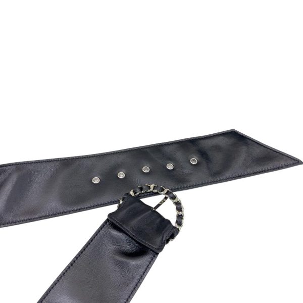 Chanel Women’s Round Buckle Belt In Black Lambkin With Gold Hardware 50mm